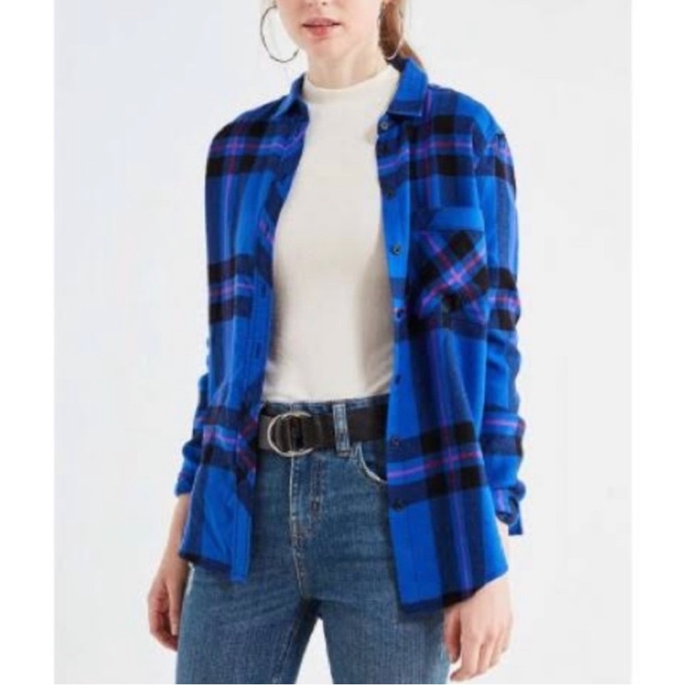 🌻2XHP🌻BDG Royal Blue Plaid Flannel Oversized Long Sleeve Button Down Shirt, XS